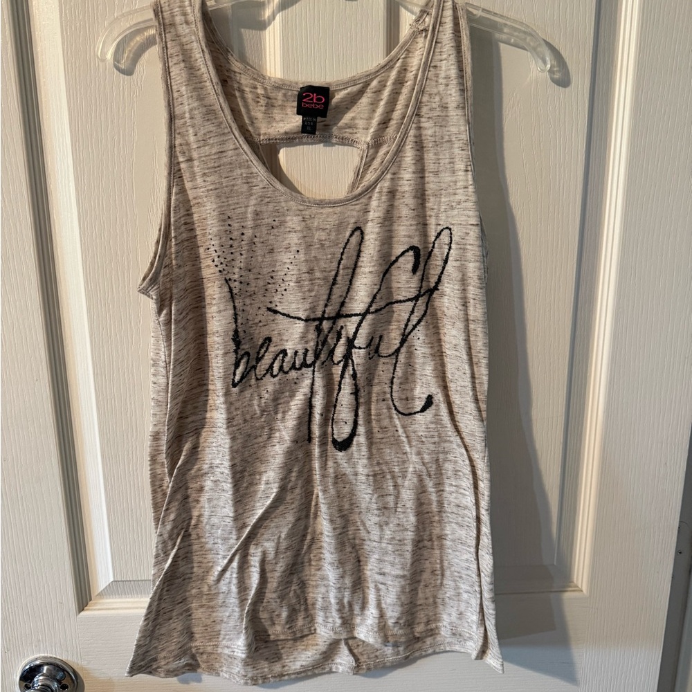 2B Bebe Heather Gray Tank with Black 'beautiful' Script
